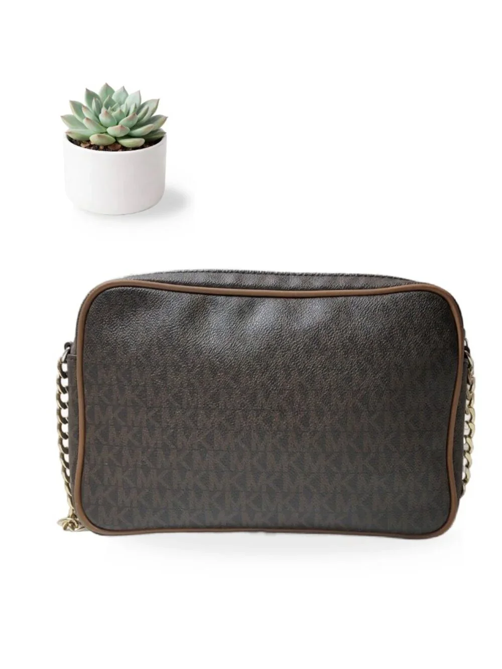 Michael Kors Jet Set Large Crossbody Handbag Brown Signature MK Chain Bag Purse